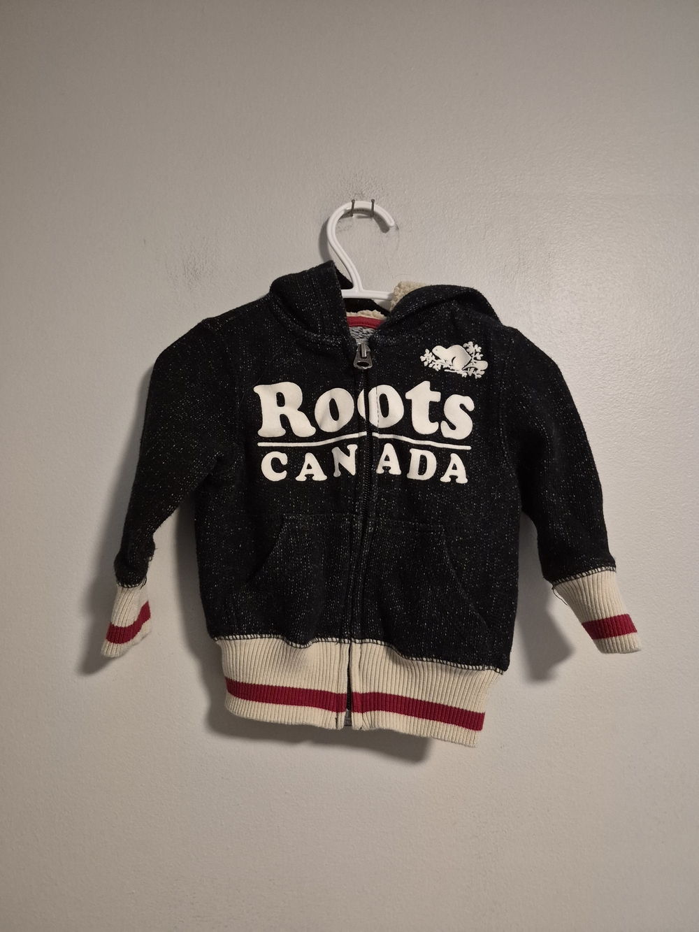 Roots Cabin 3/6m Black Zip Up Hoodie with Cream & Red Trim